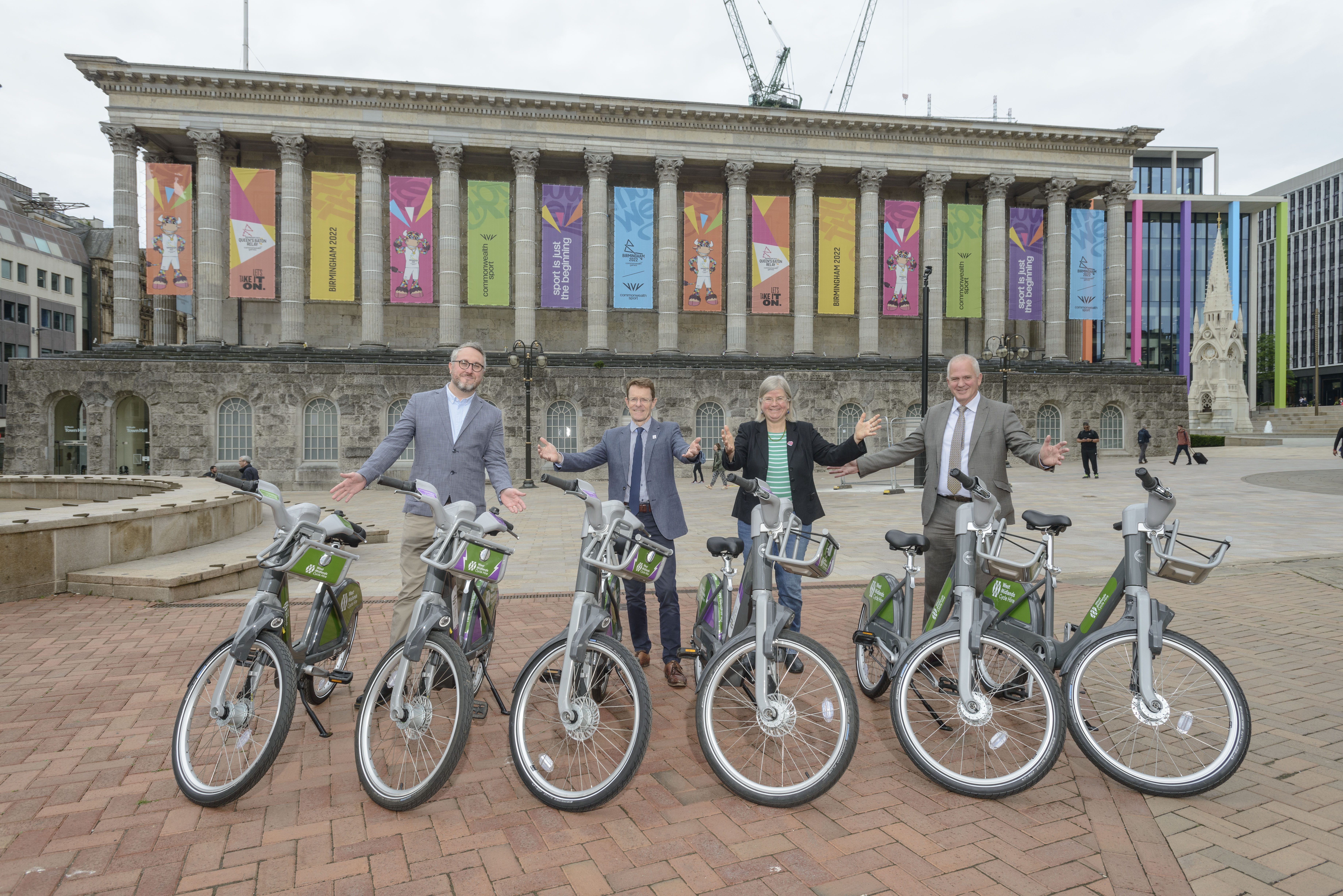 Adam Tranter, West Midlands Cycling and Walking Commissioner, West Midlands Mayor Andy Street, Cllr Liz Clements, Birmingham City Council cabinet member for transport and Graham Jones, Transport for West Midlands Commonwealth Games technical director with the cycle hire bikes