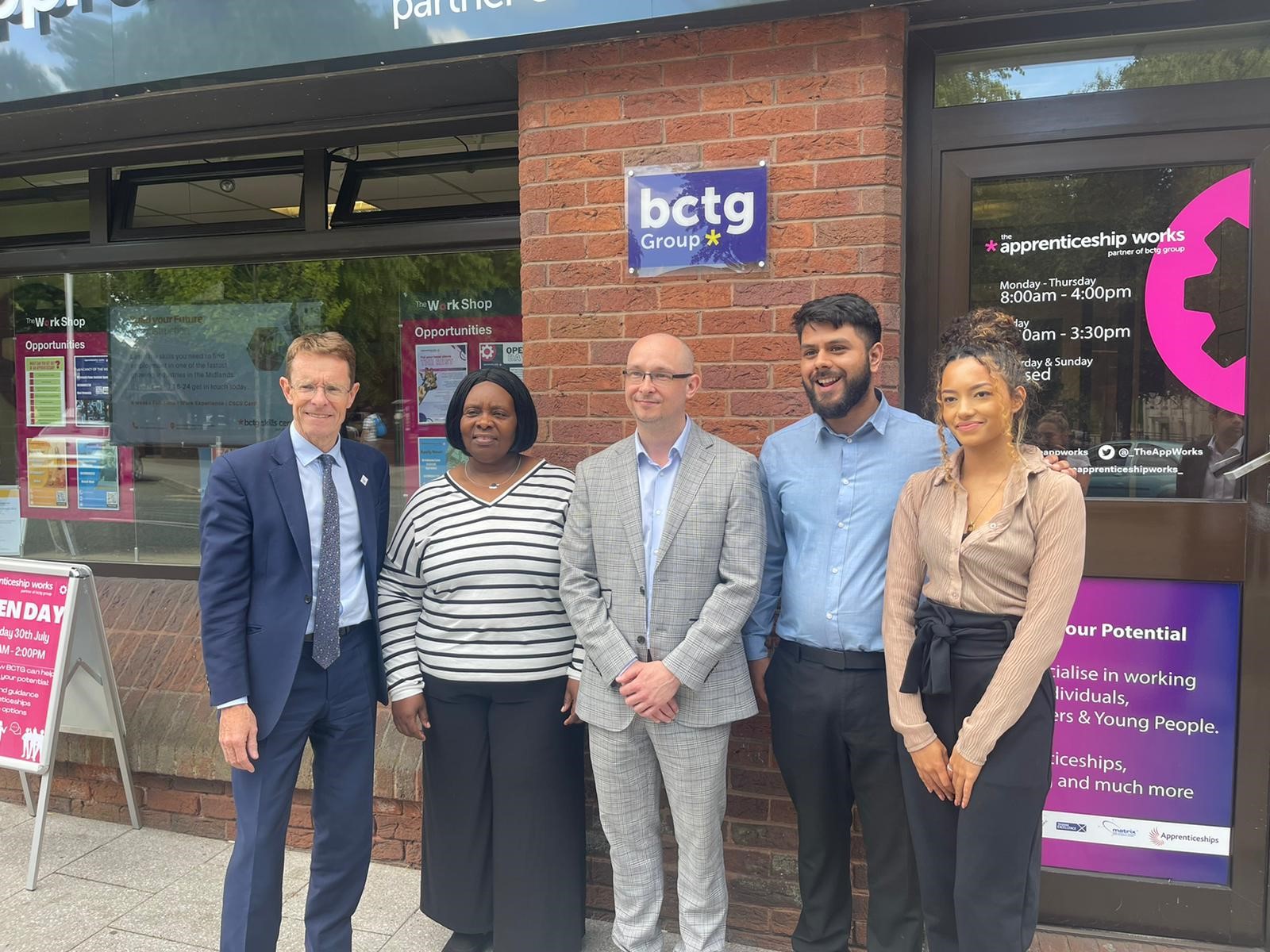 Image caption (L-R): Andy Street, Mayor of the West Midlands, Alvera Scattliffe a SWAP Learner, James Murphy – Hagley Training Centre Manager, Rishi Bhatt  - Employer and Candidate Engagement and Kerry Davis – Digital Marketing.