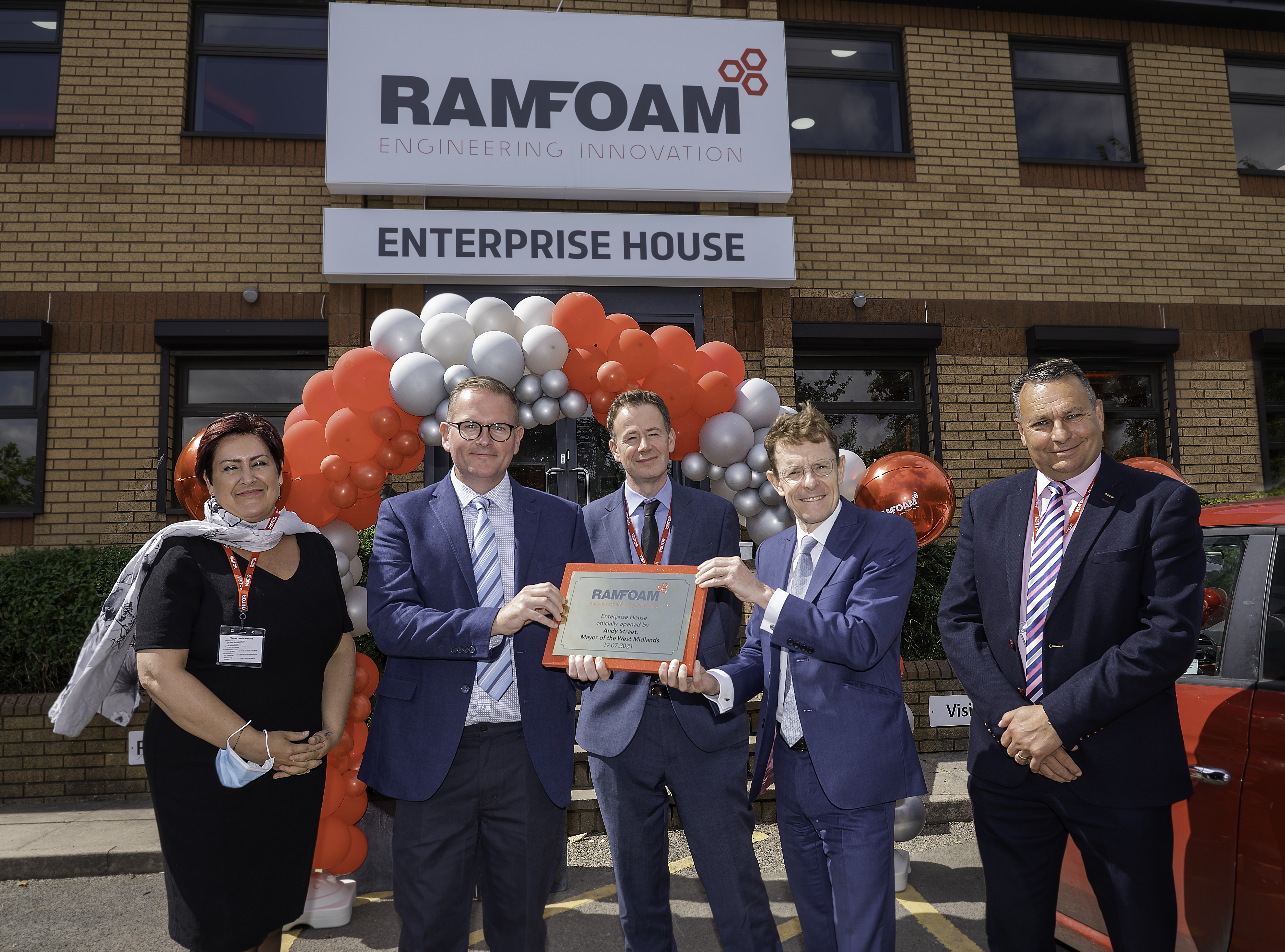 Image (L-R): Anne Boyd, Chief Executive at Stoke-on-Trent and Staffordshire LEP, Tim Mulqueen, Director at Ramfoam, Mark Swift, Head of WMG SME Group, University of Warwick, Andy Street, Mayor of the West Midlands and Craig Humphrey, Managing Director at the CW LEP Growth Hub, meet at the Ramfoam Enterprise House.