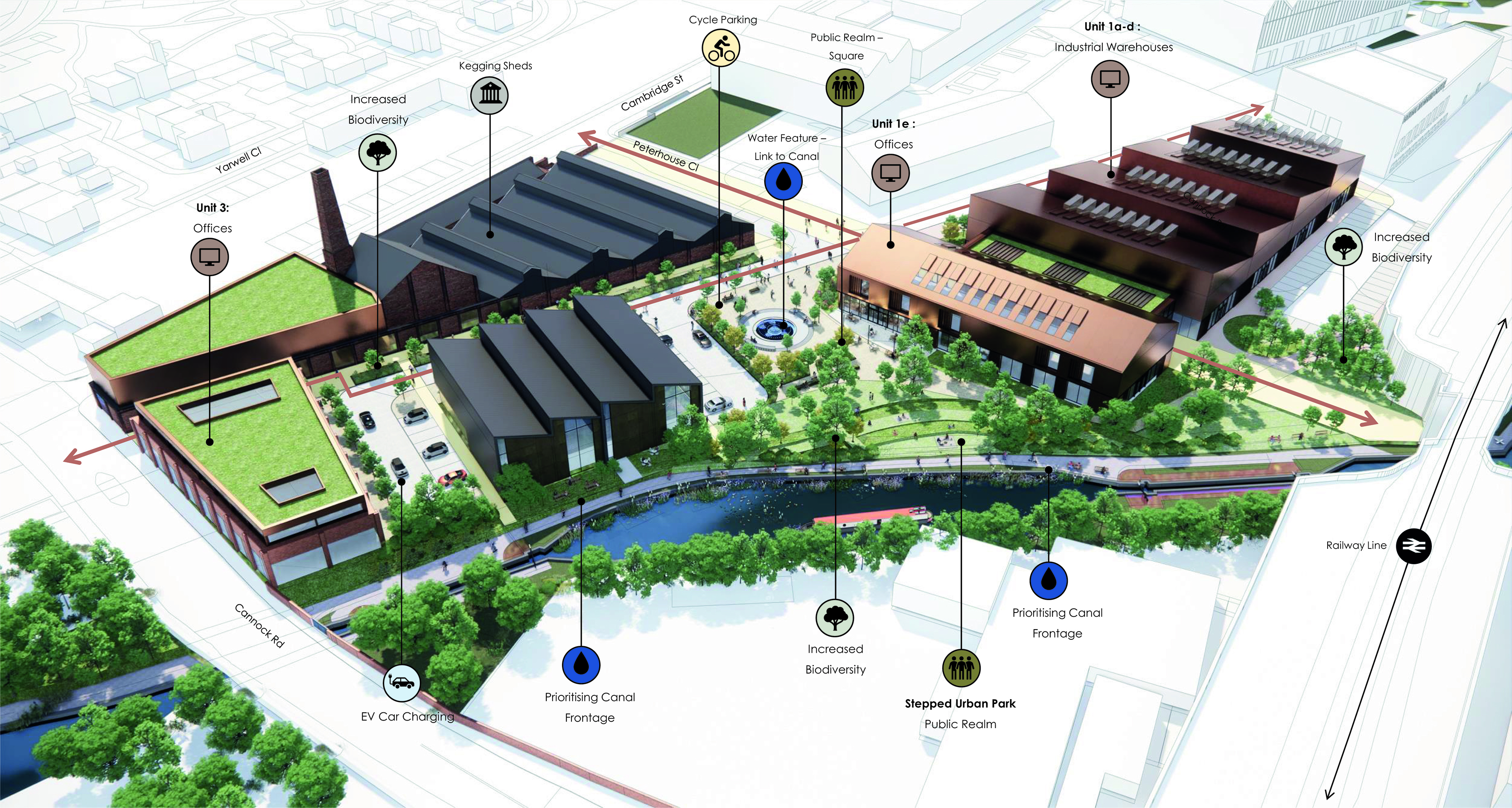 Computer generated image shows the phase one Springfield Innovation Hub over three units (units 1 a-d) for business growth and start-ups - and around it the long-term vision for the Green Innovation Corridor at the National Centre for Sustainable Construction.